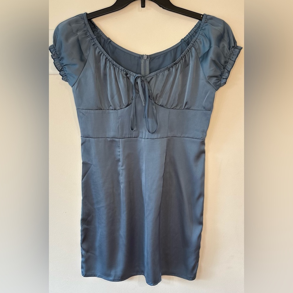 Cider Womens Blue Satin Solid Sweetheart Knotted Mini Dress NWOT Size Me…